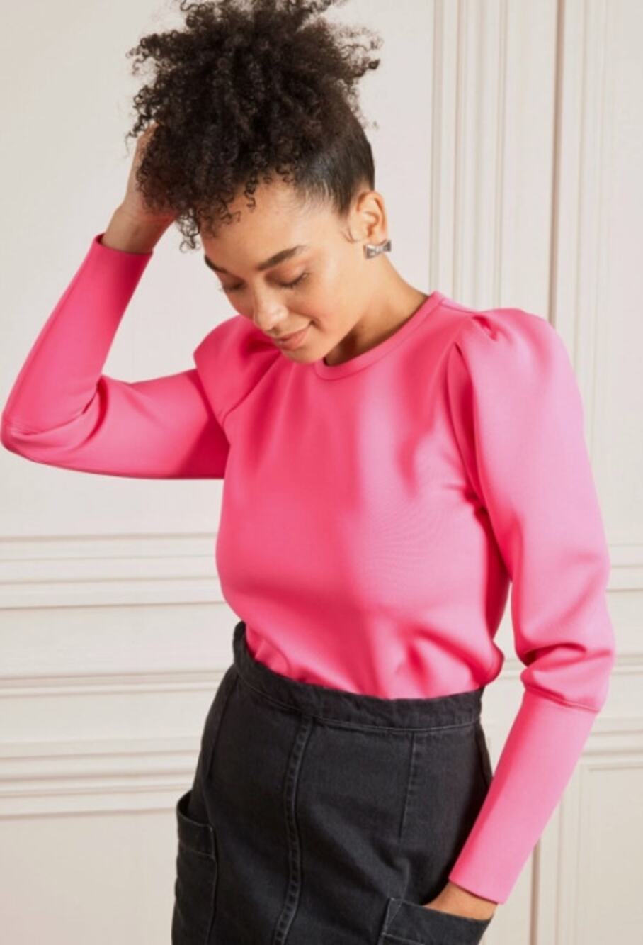 Stella & Dot Hot Pink Puff Sleeve Pullover Sweatshirt Long Sleeve M